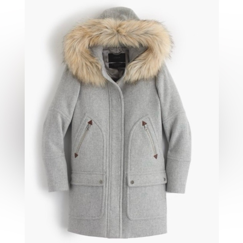 J. Crew Italian Wool Light Gray Coat with Fur Trim